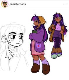 two cartoon girls standing next to each other, one with purple hair and the other with brown