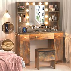 a wooden vanity with lights on it in a bedroom