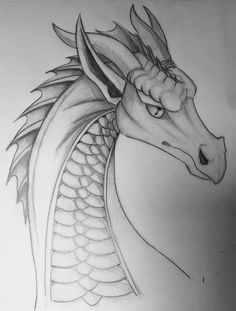 a pencil drawing of a dragon head with wings on it's back and tail