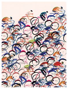 an abstract painting with many different colored bicycles in the air and birds perched on top of them