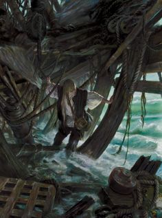 a painting of a man standing on the deck of a ship in rough waters with ropes