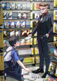 an anime scene with two people in front of bookshelves and one person reaching for something