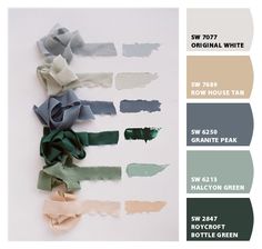 several different shades of green and grey on a white background with text that reads sww 707 original white how house tan