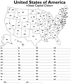 the united states of america map with capital cities and abbreviations for each country in black and white