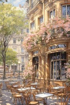 an oil painting of tables and chairs in front of a building with pink flowers on it