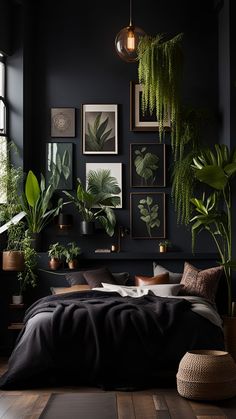 a bedroom with black walls, plants and pictures on the wall