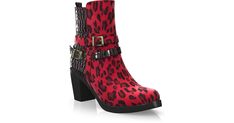 Block Heel Ankle Boots - Savage Vs Classy Boots Leather Heeled Boots With Red Sole For Winter, Winter Leather Heeled Boots With Red Sole, Red High Heel Suede Boots, Red Leather Boots With Buckle Closure, Block Heel Ankle Boots, Heeled Ankle Boots, Printed Leather, Biker Boot, Rubber Rain Boots