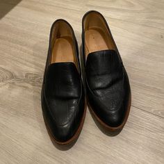 Black Leather Loafers In 6.5. Runs Small, Fits More Like A 6. Good Condition, Only Worn A Few Times. Black Loafers With Textured Sole For Business Casual, Black Textured Sole Loafers For Business Casual, Black Tassel Loafers With Textured Sole And Plain Toe, Black Plain Toe Loafers For Work, Classic Black Slip-ons With Brogue Detailing, Black Loafers With Brogue Detailing, Black Brogue Loafers With Plain Toe, Black Tassel Loafers With Flat Heel For Business, Black Leather Footbed Wingtip Moccasins