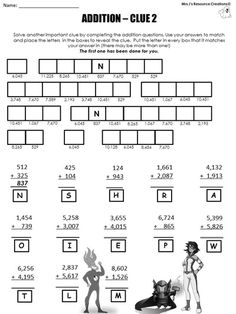 the worksheet for addition clue 2 is shown in black and white with an image of