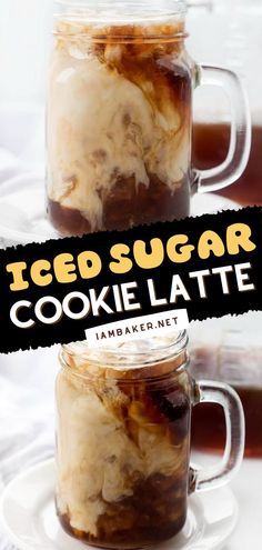 iced sugar cookie latte in two mason jars on a plate with the title overlay