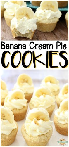 banana cream pie cookies on a plate and in the background is another photo with bananas