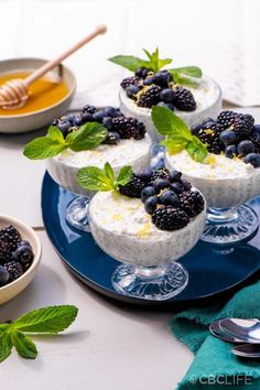 A table with 4 fluted dessert dishes of chia seed puddings with berries on top of the pudding. Chia Yogurt, Chunky Soup, Breakfast Yogurt, Cottage Meals, Weekday Breakfast, Winter Foods, Yogurt Breakfast, Chia Seed Recipes