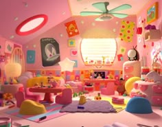 a room filled with lots of furniture and decor on the walls in pink, yellow and purple colors