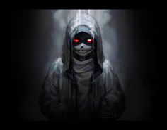 a person in a hooded jacket with red eyes