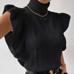 Stunning Sweater! High Fitted Turtleneck Flutter Sleeves Cable Knit 100% Acrylic Available In Black Only *See Pics For More Details :) Solid Color Sweater, Chique Outfits, Sweater Vest Women, Women Sweater, Inspired Outfits, Neck Ruffle, Business Casual Outfits, Mode Inspiration, Business Outfits