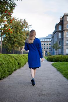 Blue Outfit Combination, Monochromatic Blue Outfit, Dress And Coat Outfit, Monochromatic Blue, Brown Coat Women