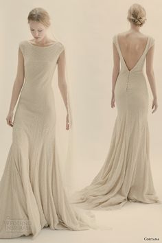 three different views of a woman in a long dress with open back and low neckline