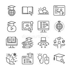 thin line icons with different types of education and college related items, such as books, laptops, computers, etc