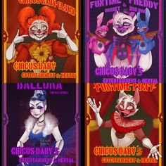 four circus clowns are shown in three different colors and sizes, with the names of their characters