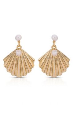 A pair of pearls lends elegant luster to these gleaming shell drop earrings that'll help you channel your inner mermaid. 1 1/4" drop Post back 18k-gold plate/freshwater pearl Imported Elegant Shell With Pearl Charm, Elegant Pearl Drop Mother Of Pearl Shell, Elegant Mother Of Pearl Shell With Pearl Drop, Shell-shaped Pearl Earrings With Pearl Charm, Pearl Shell Earrings With Pearl Charm, Elegant Gold Shell With Pearl Charm, Pearl Shell Drop Earrings With Pearl Drop Detail, Elegant Pearl Drop Shell, Gold Shell Earrings With Pearl Charm