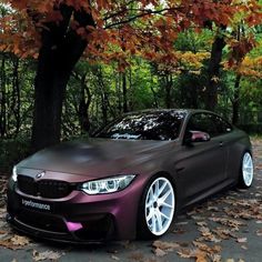 a purple car parked in front of a tree