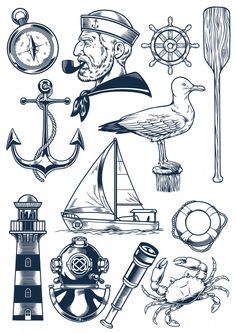 an image of nautical items in black and white royalty photo - illustration, hand drawn