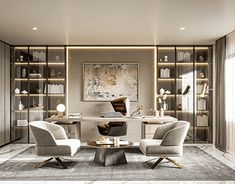 a living room with two chairs and a table in front of a bookshelf