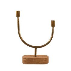 a wooden and metal candle holder on a white background