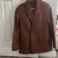 New Just Took Tags Off. Never Worn In Perfect Condition I Believe Zara Listed As The Color Carmel Or Tan? Zara Brown Spring Blazer, Zara Brown Blazer For Work, Trendy Brown Blazer For Fall, Zara Brown Blazer For Winter, Classic Brown Zara Blazer, Zara Brown Long Sleeve Leather Jacket, Casual Brown Zara Leather Jacket, Chic Brown Zara Leather Jacket, Zara Brown Leather Jacket