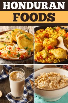 there are many different types of food in this collage, including rice and other foods