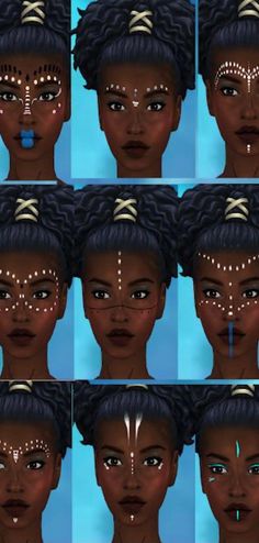 Wakanda Forever Party Ideas, Face Paint Photoshoot Ideas, Goddess Face Paint, Native American Makeup Women, African Goddess Photoshoot, Sims 4 Face Paint, Face Paint Aesthetic