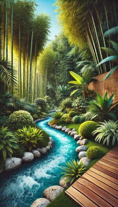 a painting of a river running through a lush green forest filled with trees and plants