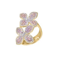 Pink / 7 Pave Colored Double Flower Ring - Adina's Jewels Flower Shaped Cubic Zirconia Jewelry, Delicate Gold Flower Ring, Delicate Flower-shaped Gold Ring, Elegant Blossom Flower Rings, Elegant Blossom Color Flower Rings, Cubic Zirconia Flower Shaped Fine Jewelry Ring, Cubic Zirconia Flower Ring Fine Jewelry, Cubic Zirconia Flower Ring In Fine Jewelry Style, Gold Plated Flower Fine Jewelry