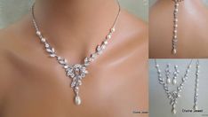 three different views of a necklace with pearls and diamonds on the bottom, along with an image of a woman's neck