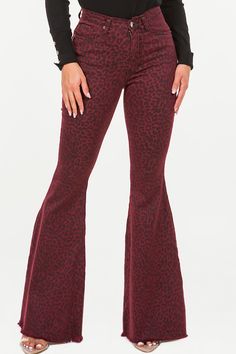 Leopard Print Bell Bottoms Burgundy Denim Lightweight Denim ~ Feels Like Chino/Khaki Material Also Available in Brown & Pine Green 5 Pocket Frayed Hem Front and Back Pockets 10.5" Rise 34/35' Inseam Raw Hem That Can Be Trimmed To Desired Length Made in USA We Recommend You SIZE UP One Full Size! 70s Wardrobe, Printed Bell Bottoms, Los Angeles Print, Burgundy Jeans, Winter Styles, Bottom Jeans, Motorcycle Riders, Los Angeles Style, Leather Denim