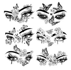 butterfly and flower tattoo designs on the side of a woman's face, with butterflies flying over her eyes