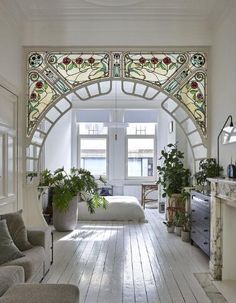 a living room filled with furniture and lots of plants on top of it's windows