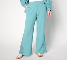 Whether your destination is set for a friend's birthday brunch, your niece's engagement party, or a cozy hamlet by the coast, these lace-enhanced wide-leg pants make for an effortless and incredibly chic arrival. From Isaac Mizrahi Live!TM. Spring Lace Trim Bottoms For Brunch, Spring Bottoms With Lace Trim For Brunch, Spring Loungewear Bottoms With Lace Trim, Birthday Brunch, Isaac Mizrahi, Wide Pants, Friend Birthday, The Coast, Engagement Party