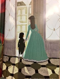 an illustration of a woman in a green dress standing next to a little boy who is holding his hand