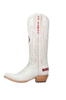 Women's Collegiate Gameday Boots in Ivory ALL BOOTS ARE PREORDER! If the wholesaler has the boots in stock on their end, shipping takes approximately 1-2 weeks. If the wholesaler does NOT have the boots in stock, shipping takes approximately 4-6 weeks. I will let you know asap whether or not the boots you ordered are in stock. Thank you for understanding! Find more teams here! Details Premium Genuine Ivory Leather Goodyear Welt Construction Memory Foam Insole Smooth Leather Lining Natural Stacke Georgia Gameday Outfit, Tracker Ideas, Western Embroidery, Georgia Boots, Clear Purses, Bow Headband Hairstyles, Wood Heel, Ole Miss, Gameday Outfit