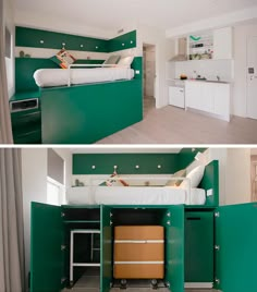 there are two pictures of a small room with bunk beds and cabinets in the same room