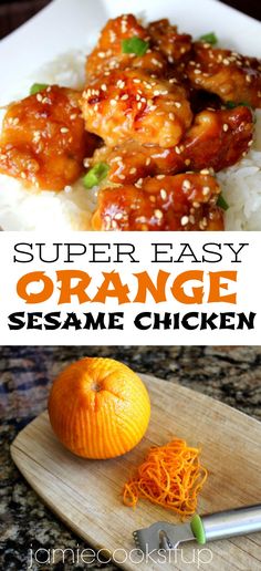 an orange sesame chicken with rice and shredded carrots on the side, and another image of