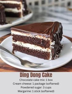 a piece of chocolate cake on a plate with a fork next to it and the text, ding dong cake