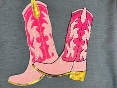 Hot Pink Cowgirl Boot Sequin Iron on Patch, DIY, Heat Press, Embellishments, Pink, Bling, Swifties Rodeo, DIY You really don't want to miss out on this high quality sequin boots iron-on patch for your jacket or sweatshirt. They are truly beautiful! * Quantity - 1 piece iron-on patch * Color - Hot pink/gold  or light pink/gold * Size - 7" Wide x 10" Tall. It may seem like one is smaller but they are both the same size. * Displayed denim jacket is size medium. * Ships fast out of USA Diy Heat Press, Pink Cowgirl Boot, Pink Cowgirl Boots, Rodeo Boots, Diy Denim Jacket, Diy Denim, Sequin Boots, Pink Cowgirl, Cowgirl Boot