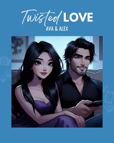 two people sitting next to each other in front of a blue background with the words twisted love