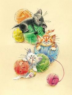 two kittens playing with balls of yarn and knitting needles in colored pencils on paper