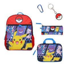 Get your little Pokémon fan ready for school with our Pokémon 5pc Set! This set includes a 16-inch backpack, padded utility case, utility case, rubber keychain, and carabiner—everything your child needs to conquer the day. The backpack measures 16"h x 12"w x 5"d, making it the perfect size for carrying books, homework, and more. The adjustable straps ensure a comfortable fit, while the detachable insulated lunchbox keeps food and drinks cool and fresh. The included utility case is perfect for st Portable Functional Cases For School, Functional Portable Cases For School, Portable Functional School Cases, Back To School Portable Cases For Students, Multicolor Portable Cases For School, Black Cases For Back To School, Pokemon Backpack, Small Utility, Rubber Keychain