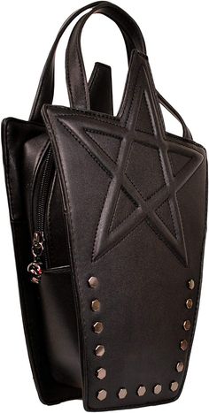 Unleash your inner Goth with the splendid Karma Bag from Lost Queen. Measuring approx. 20cm wide x 23cm tall (excluding handles) x 7cm deep, this versatile little piece has detachable shoulder straps so it can be used as a backpack, alternatively, whip them off & you've got a beautiful handbag! There's 15 hexagonal studs adorning the front plus a padded & stitched outline of a pentagram for added darkness. The main compartment is secured by a zip with a silver skull shaped pull and there's a pou Black Alternative Style Bag With Zipper Closure, Alternative Style Black Bag With Zipper Closure, Punk Style Rectangular Shoulder Bag With Zipper, Gothic Black Bag With Zipper Closure, Gothic Shoulder Bag With Zipper Closure For Daily Use, Punk Style Rectangular Bag With Zipper Closure, Alternative Style Black Shoulder Bag, Punk Style Rectangular Shoulder Bag, Punk Style Satchel For Daily Use