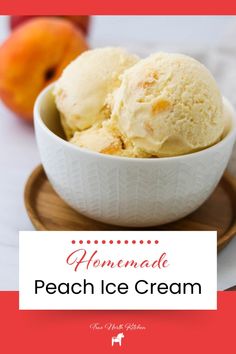 two scoops of homemade peach ice cream in a white bowl on a wooden plate