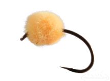 a close up of a fishing hook with a fuzzy ball on it's end